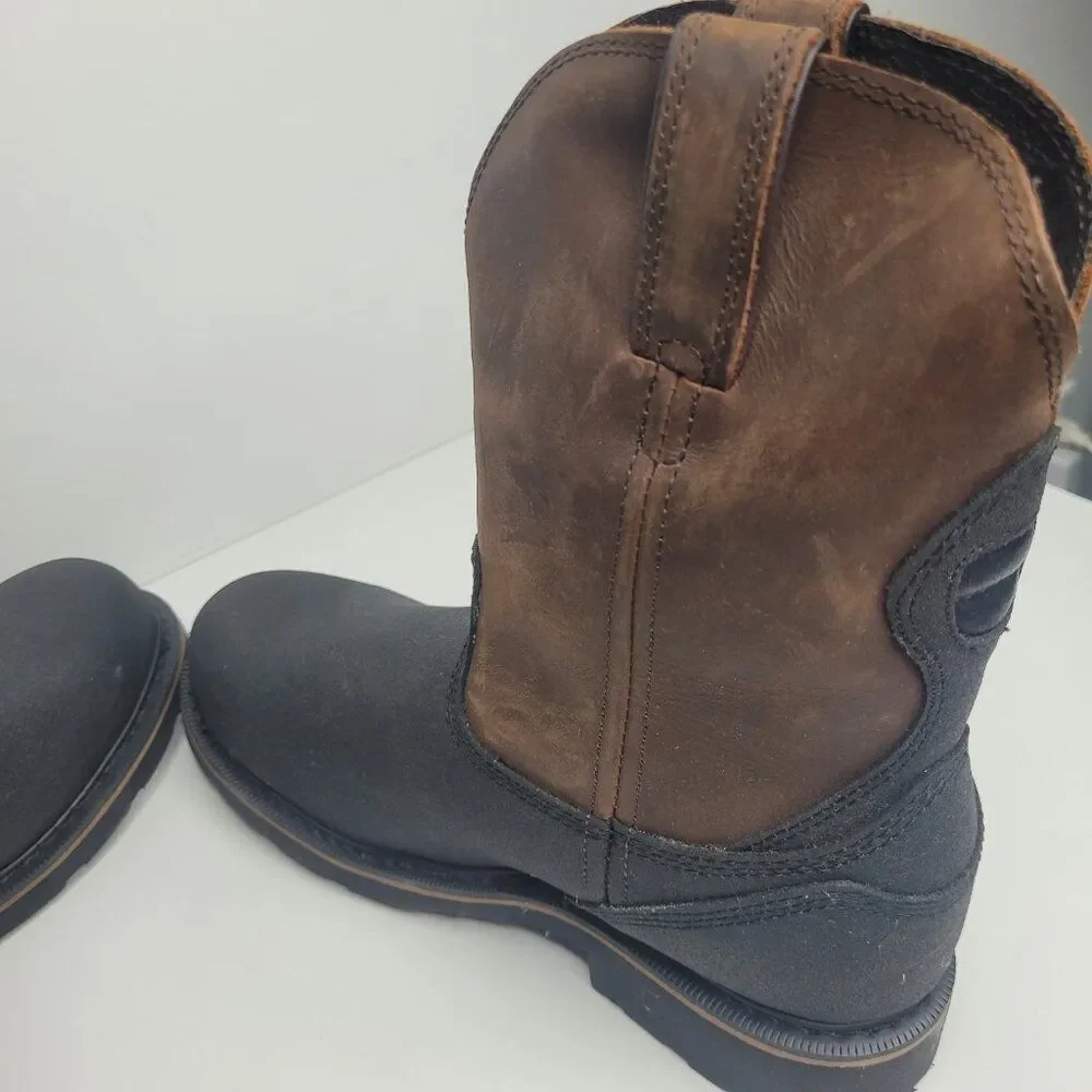 Justin boots black brown steel toe waterproof pull on work boots size 7EE NWT